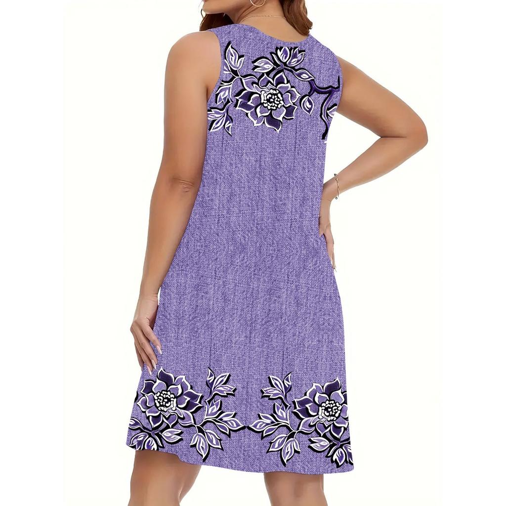 Dámská ležérní sukně s květinovým potiskem imitující denim - Vyrobená z lesklé tkaniny z hedvábného vlákna, letní outfit s kulatým výstřihem, přiléhavý střih, lehký materiál