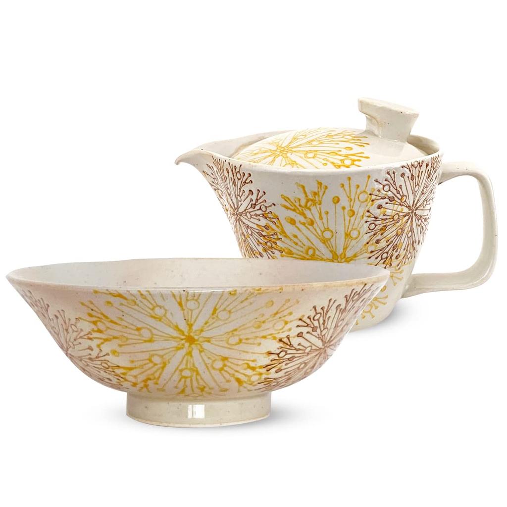 Kunzangama Tea Bowl and Teapot Hasami Made In Japan Tea Bowl Teapot Tea Rice Bowl Tea Strainer Flower Center Yellow J-Kitchens J-Kitchens Set, Ware,