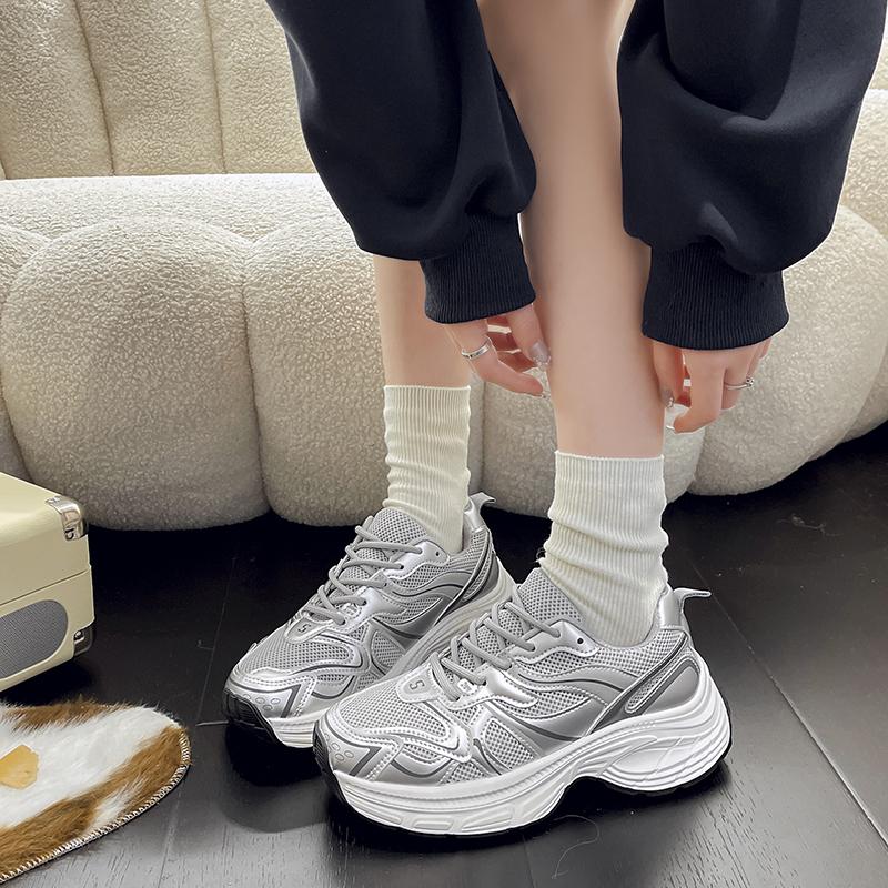 Spring and Autumn Round Toe Comfortable Women's Shoes Fashionable Thick Sole Casual Shoes Breathable Mesh Vulcanized Shoes