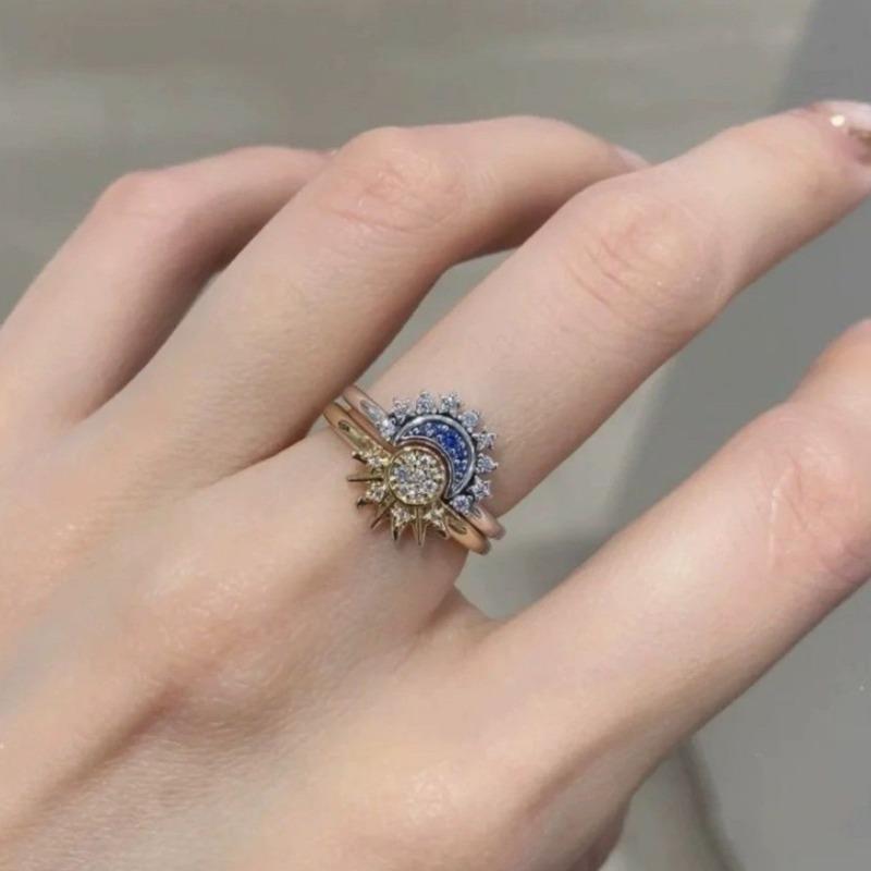 New Women's Ring Sun and Moon Stackable Copper Material Fashion Couple Ring Inlaid with Zircon Casual Luxury Shooting