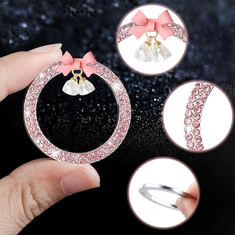 Rhinestone Bow Bell Car Start Switch Button Auto Decorative Diamond Stickers Ring Circle Trims Protective Cover Car Accessories