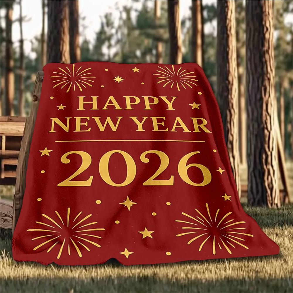 1pc New Year 2026 Outdoor Flannel Blanket Soft All Season Polyester Throw , Perfect for Picnics & Travel , Picnic Accessory