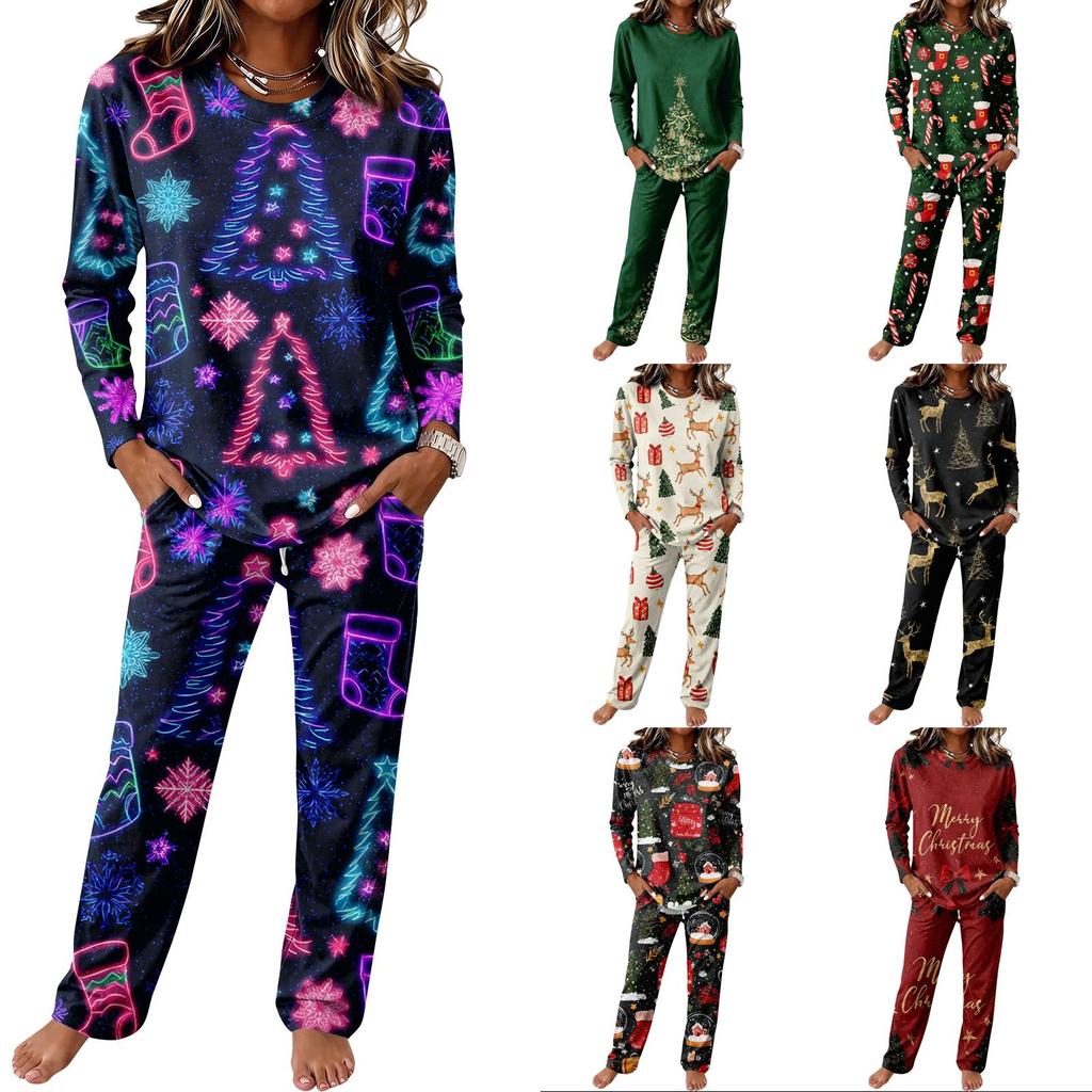 Casual Pajama Set with Long Sleeve Round Neck Top and Wide Leg Pants for Sleep and