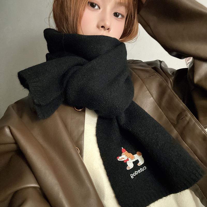 Falling Pool Knitwear: Women's Cute Puppy Embroidered Winter Scarf - Warm, Versatile Cartoon Neck Warmer