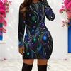 Women Plus Size Round Neck Long Sleeve Black Swirl Dots Printed Bodycon Mini Dress