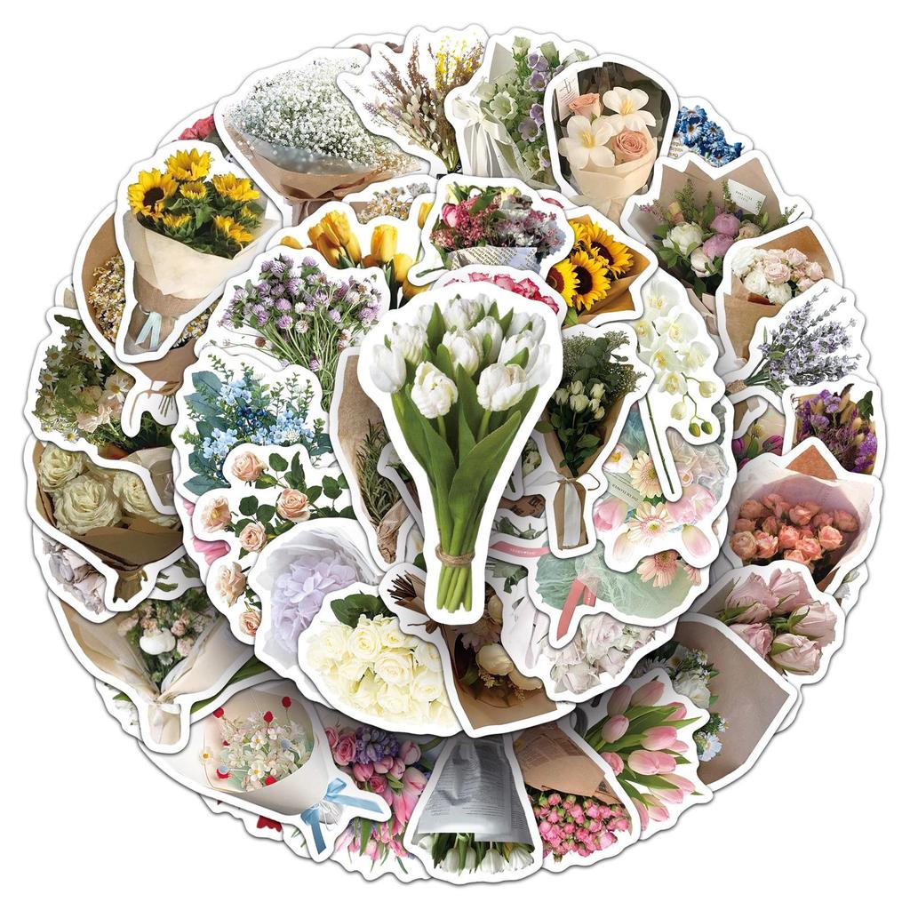 50 Sheets Floral Bouquet Cartoon Stickers: Personalized Plant Patterns for DIY Albums, Earphones & Refrigerators