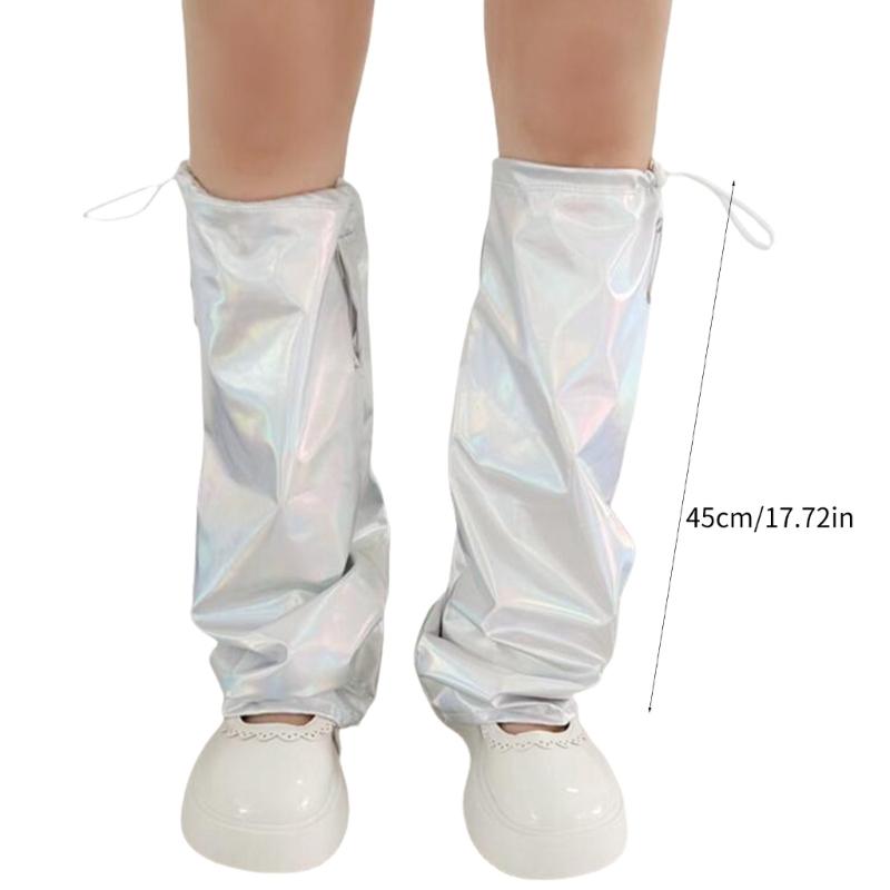 Women Harajuku Shinning Metallic Leg Warmer with Drawstring Flared Long Socks Grunge Baggy Loose Foot Cover Streetwear