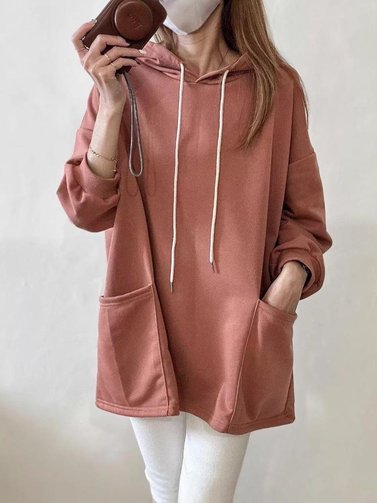 Dongdaemun Stylish Terry Hooded Sweatshirt with Double Pockets - Loose-Fit Casual for Plus Sizes Women.