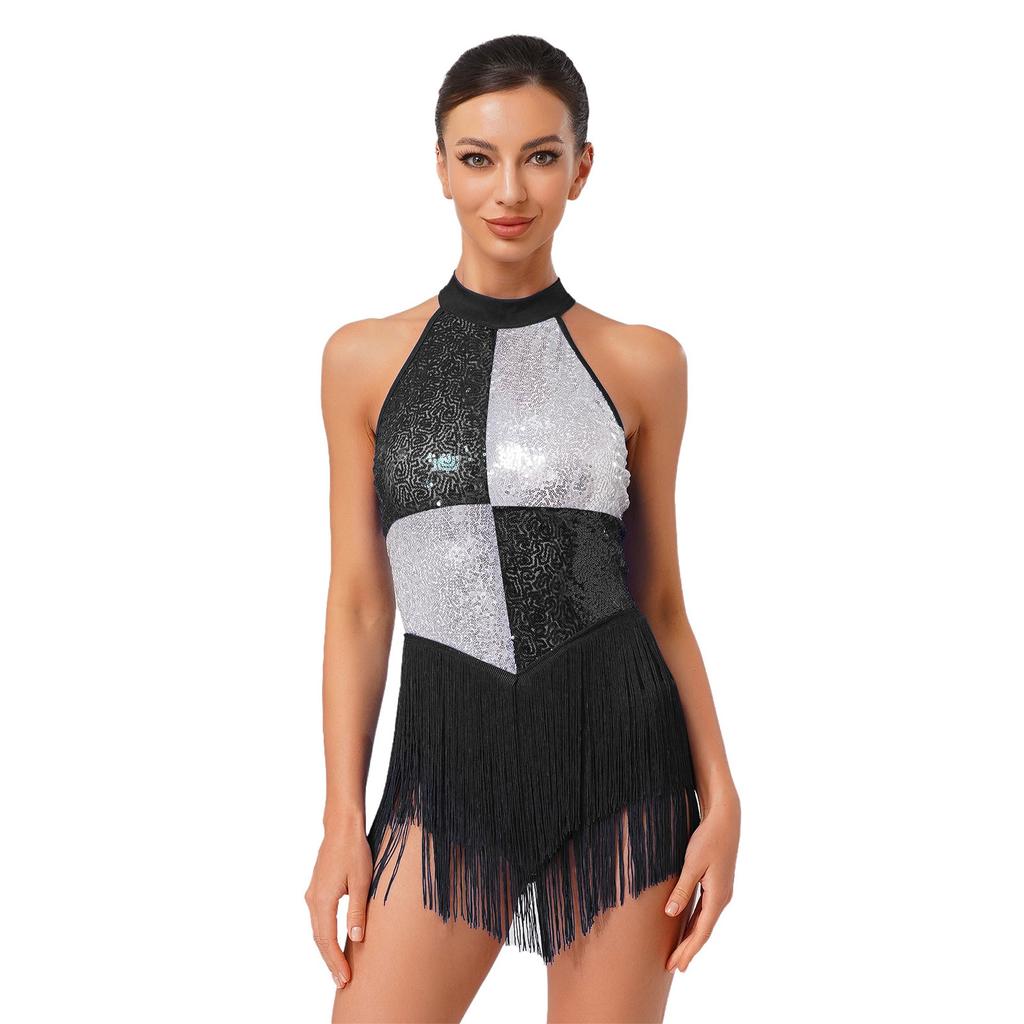 Womens Latin Dance Costume Sleeveless Backless Color Block Design Shiny Sequins Tassels Leotard
