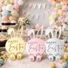 6pcs Cartoon Rabbit Cake Toppers Happy Easter Mirror Finish Bunny Pattern Tags Acrylic Dessert Decorations Kids Birthday