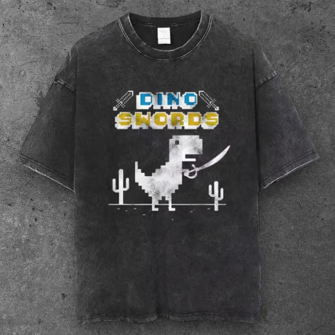 Unisex Pixel Dino Sword Oversized T Shirt Washed Black Retro Gamer Y2K S-3XL S разноцветный