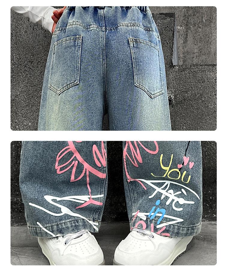 Girls' Stylish Graffiti Wide-Leg Denim Jeans - Spring & Autumn Street-Style Loose Fit for Big & Middle Kids