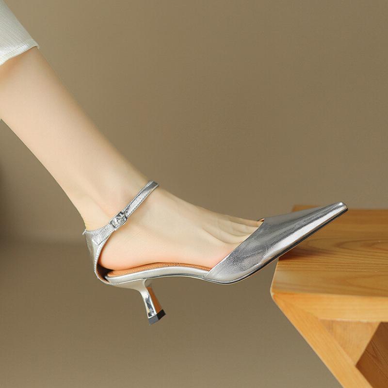 Summer Women's Leather Sandals Women's Buckle Bag Heel Non-slip Beef Tendon Sole Large Size New Hollow Sandals Fashion Stiletto