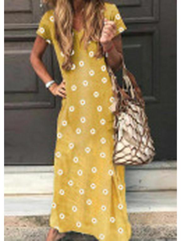 

2025 Лето ромашковый узор V-образный вырез короткий рукав повседневное длинное пляжное платье, размеры S-5XL S жёлтый