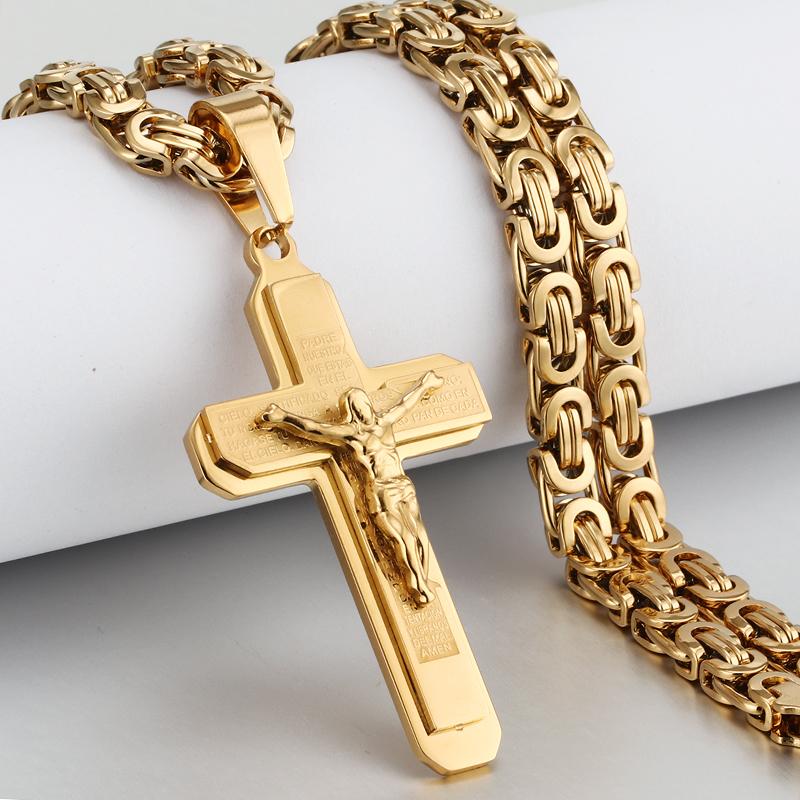 Collana con ciondolo a croce in acciaio inossidabile per uomo religioso, pesante collane a catena bizantina, gioielli sacri di Gesù Cristo
