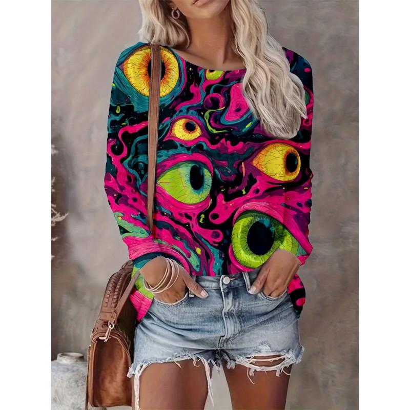 Abstract Tie-Dye 3D Digital Print Loose Fit Womens Crew Neck Long Sleeve T-Shirt Casual Comfort Top