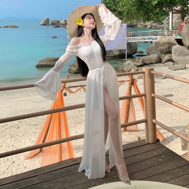 Design Sense White Flared Sleeve Wrap Pleated Split Pipe Top Long Dress Xianhai Island Resort Beach Dress