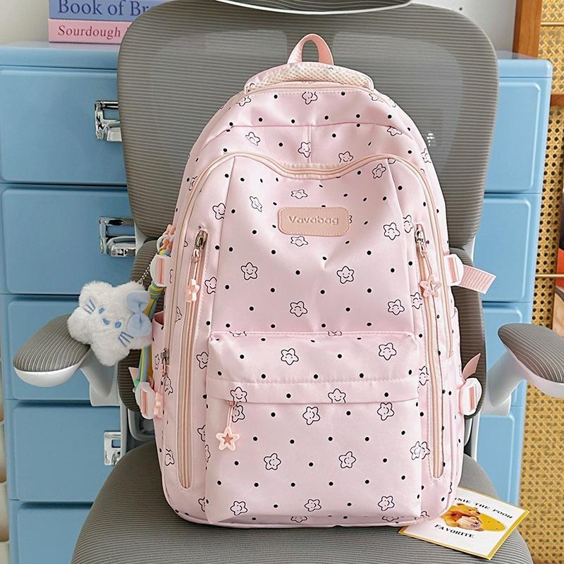 Schoolbag, cherry blossom pink Korean fresh school bag, Japanese princess versatile cute star print backpack, middle and high school backpack