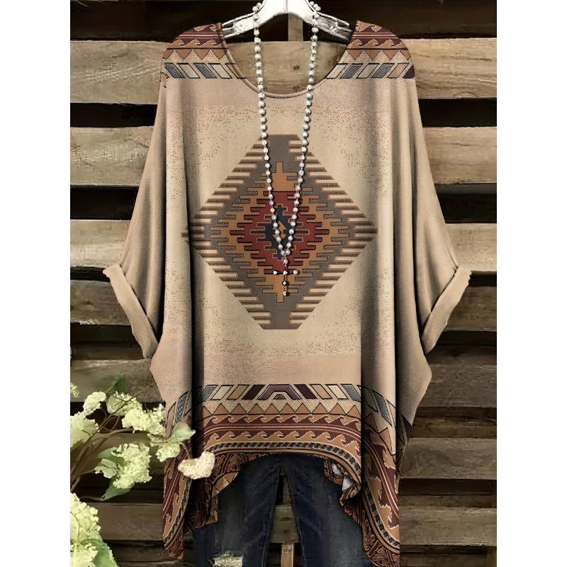 Women's Striped Checkered 3D Printed T-Shirt Summer Round Neck Casual Fashion Women's Loose Asymmetrical Hem Street Tops