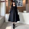 Schwarz Vintage Quadrat Kragen Französisch Blase Hülse Student Lange A-line Weibliche Lose Dünnes Kleid Frauen Party Sommer Maxi Sommerkleid