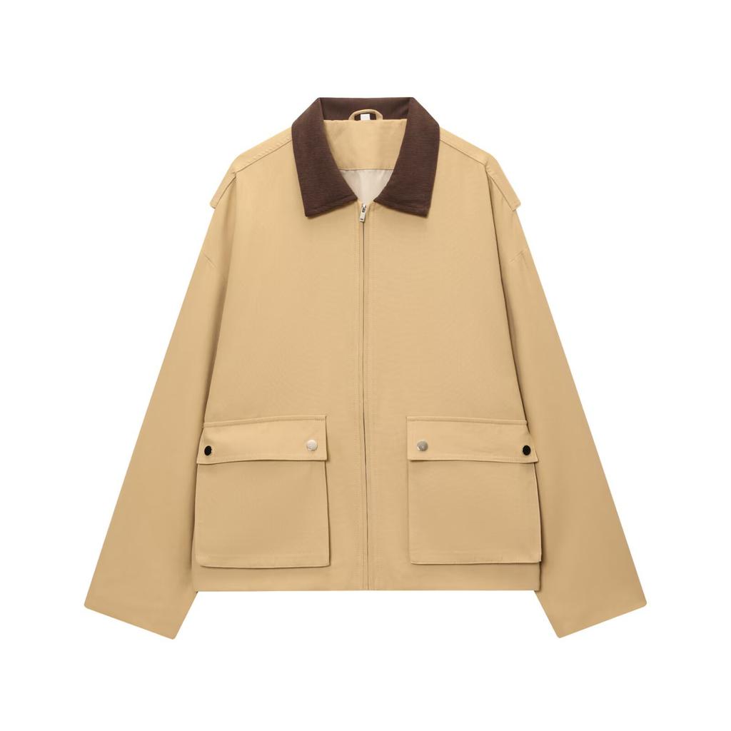 Foreign Trade Wholesale European and American Style French Women's Street Fashion Patchwork Collar Pocket Wide Jacket Jacket