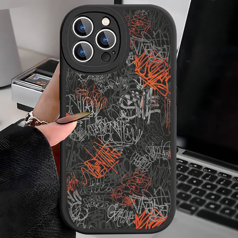 Coole Schwarze Graffiti Leder Handyhülle Für iPhone 16 15 14 17 Pro Max 11 12 Mini Plus Weiche Hülle
