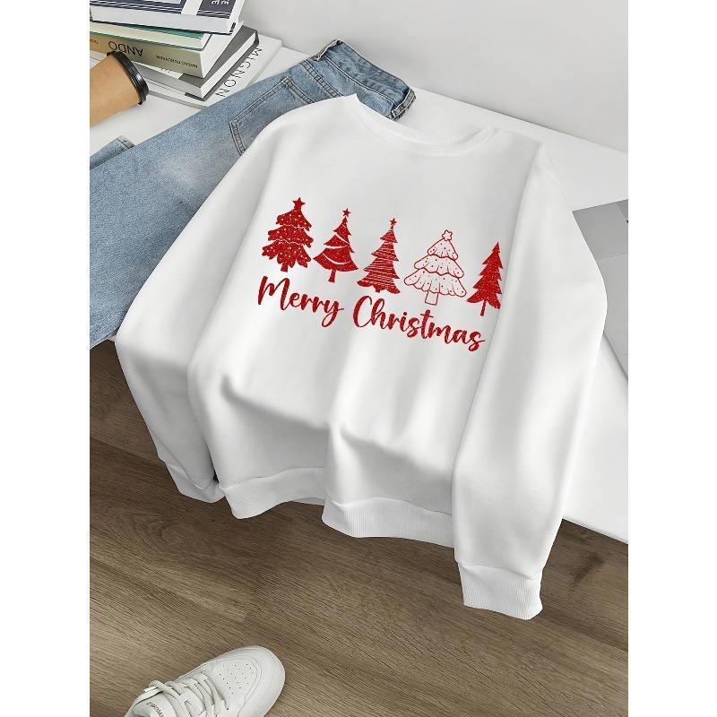 Unisex Christmas Tree Print Drop Shoulder Round Neck Sweatshirt for Christmas, Suitable for Everyday Wear