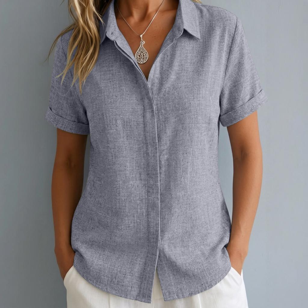 Women Short Sleeve Button Down Shirt Collared Casual Loose Fit Imitation Linen Blouse Lightweight Summer Top for Daily Wear