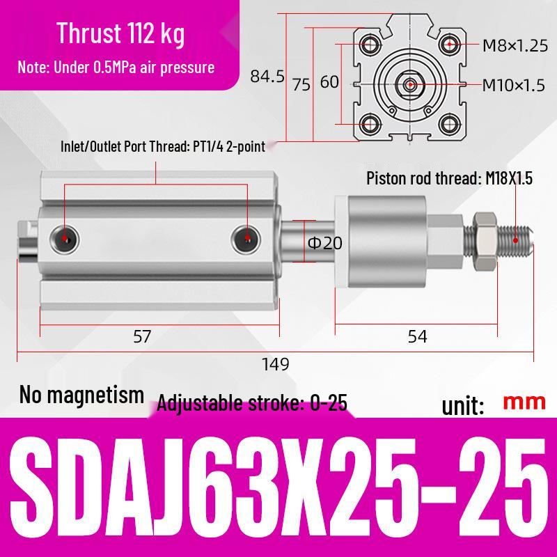 Adjustable Stroke Pneumatic Thin Cylinder - Piston Rod Sizes: 16/20/25/32/40/63