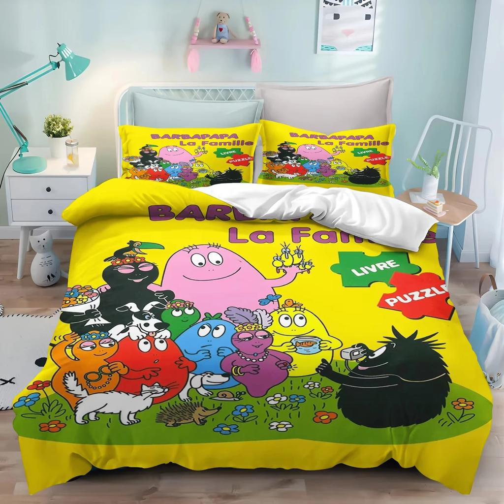 3D Cartoon L-Les B-Barbapapa Duvet Cover and Pillowcase, Double/King Soft Bedding Set,Home Bedroom Decor,Gift for Boys and Girls