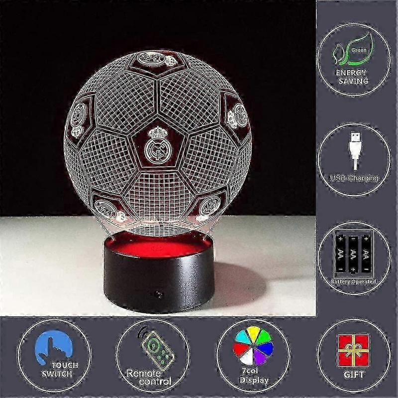 Suitable for 3d Optical Illusion Real Madrid Football Night Light Toy Lamp,remote Control,dimmable,battery Or Usb Powered,7 Colors Change Christmas Bi