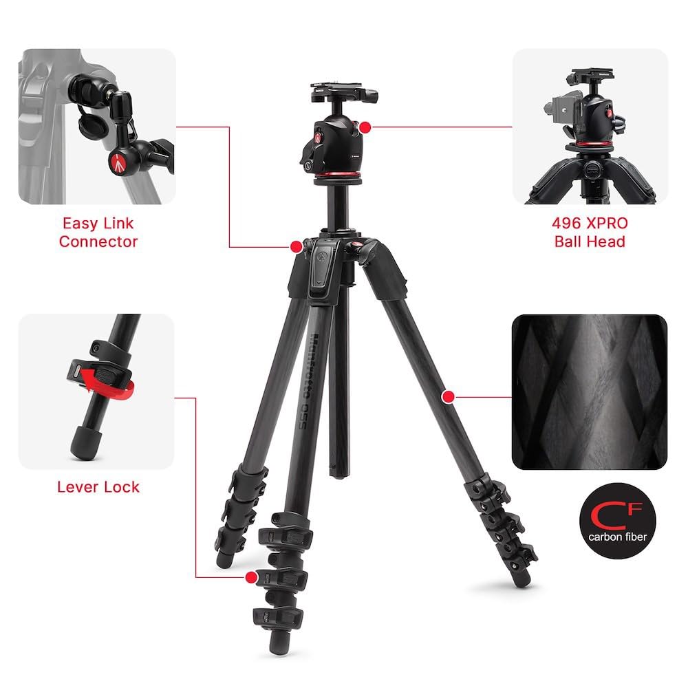 Manfrotto Aluminum Tripod with XPRO Ball Head and Q6 Head Total Black MK055XPRO3-Q6T 3-Section Kit, Arca-Swiss Compatible,