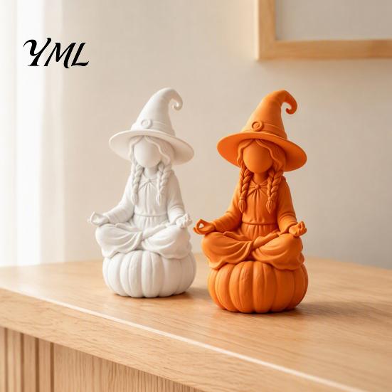 Creative Art Home Accessories 3D Printed Meditating Witch Figurine on Pumpkin Base, Minimalist Base Wizard Statue Halloween Autumn Desktop Statue, DIY