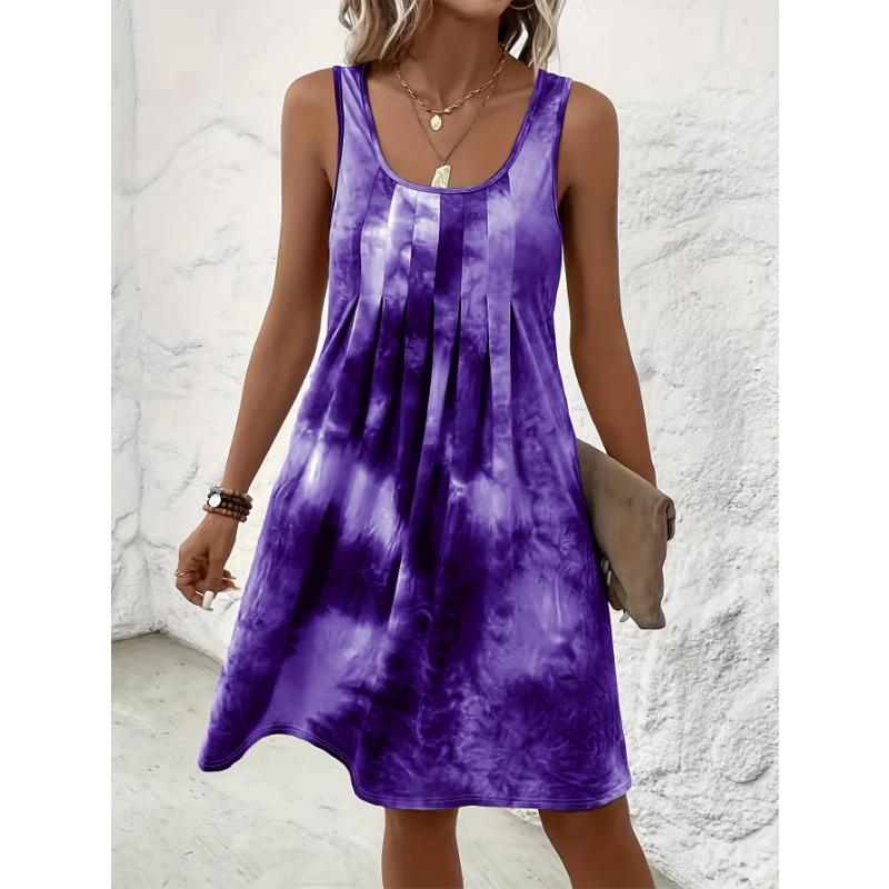 Sukienka Damska Plus Size z Nadrukiem Tie Dye, Okrągłym Dekoltem i Plisami, Casualowa, Bez Rękawów, Luźna