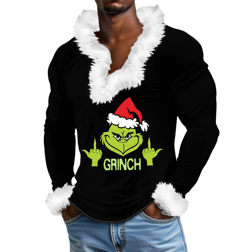 Herren Lässiges Cartoon Bedrucktes Plüsch V-Ausschnitt Mit Fleece Langärmliges Sweatshirt