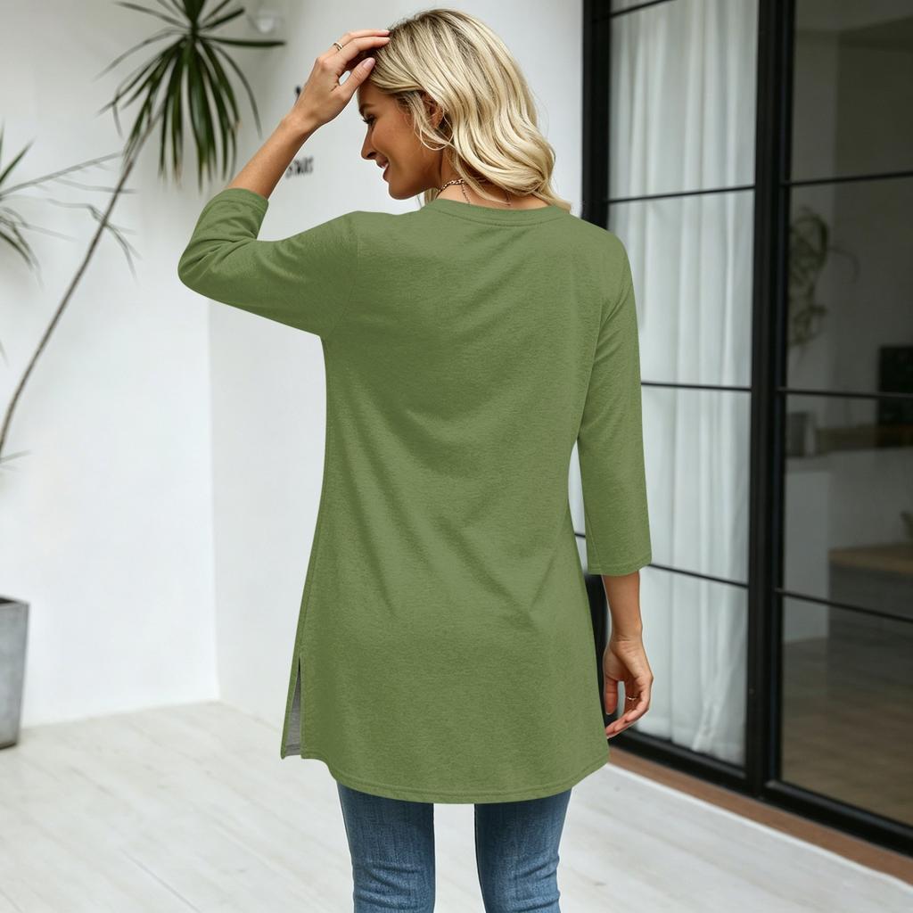 Women's Casual V Neck 3/4 Sleeve Pullover Tunic Top Mid Length Solid Color Comfortable Fit Lightweight Fabric