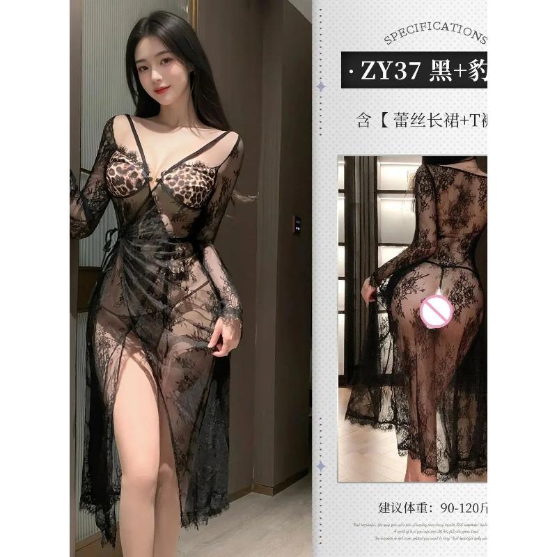 French Romantic Lace Temptation Dress Elegant Sexy Hip-revealing Flirting V Neck Hot Sexy Dresses Mesh Lace Sheer Top 9W1B