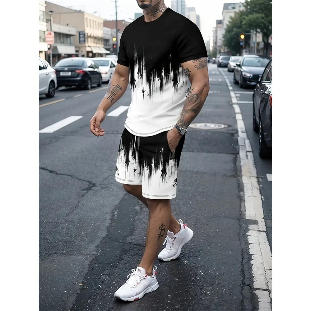 New Gradient Texture T-Shirt Men's Two-Piece Summer New Shorts Suit Fashion 3D Printing Street Casual Sportswear Men's Models
