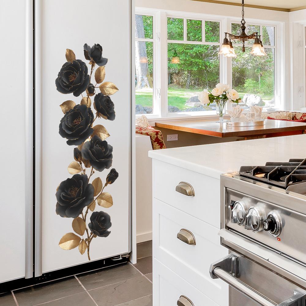 Personalized Black Rose and Gold Leaf Bathroom Wall Decoration Stickers