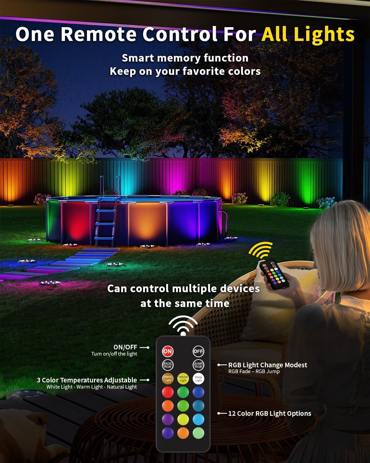 

Solar Ground Lights 50ft, 12-Pack RGBYW Waterproof Outdoor Garden Lights with Remote Control for Pathway, Yard, Deck, Patio, Poo 8 Pack чорний