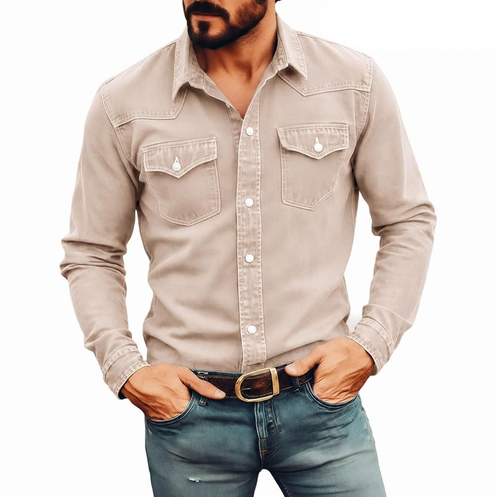 Herren Farbe Lässig Locker Button-Down Kragen Falsche Tasche Langarmhemd