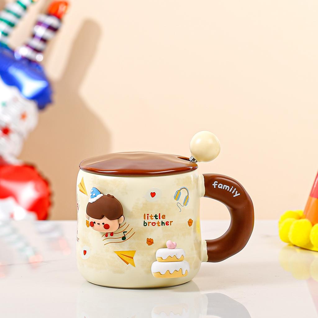 Creative Cartoon Ceramic Cup with Lid and Spoon Family Mug Ins Fengshui Cup for Girls Large Capacity