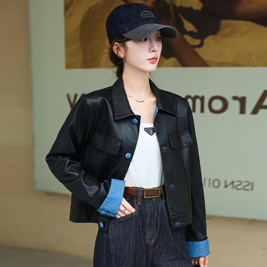 

Дизайнерская цветовая гамма, короткая кожаная куртка, женская, весна и осень, новая дизайнерская кожаная куртка, топ 2XL