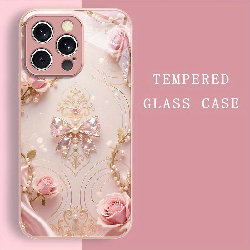 Crystal Bow Pattern Pink Metallic Paint Glass Hard Phone Case For iPhone 17 16 15 14 13 12 11 Pro Max 15 14 Plus 16E 17Air Cover