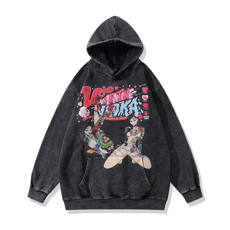 Japanese Animation Printed Hoodie Retro Washed Old Loose Heavy Hooded Sweater Jacket Men And Women