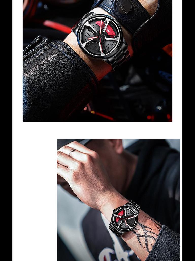 SVJ Ceas de mână pentru bărbați dintr-o bucată, inspirat de roata de mașină RS7, cu cuarț hidraulic 3D gol