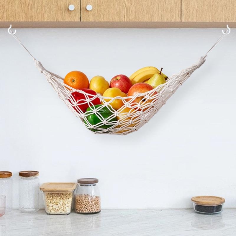 Wall Hanging Produce Holder, Cotton Rope Fruit Storage Net with Open Net Design for Kitchen Wall Use, Cupboard Placement and Home Storage