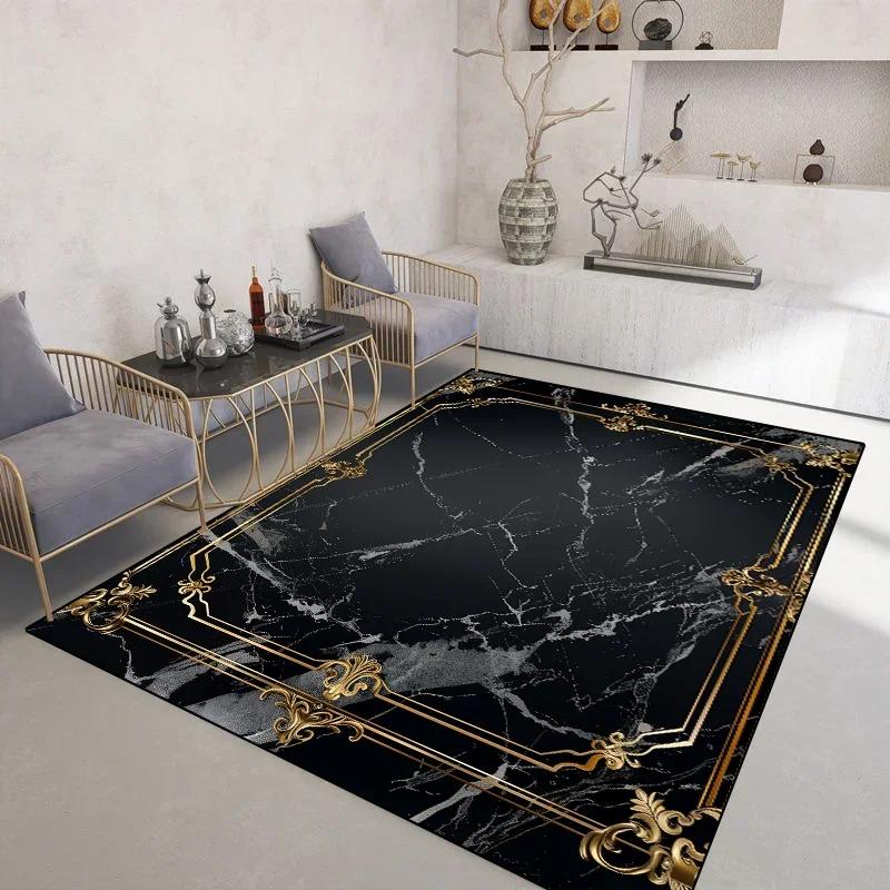 Light Luxury Black Gold Rugs for Living Room Marble Style Decoration Coffee Tables Carpet Non-slip Bedroom Soft Mats Washable