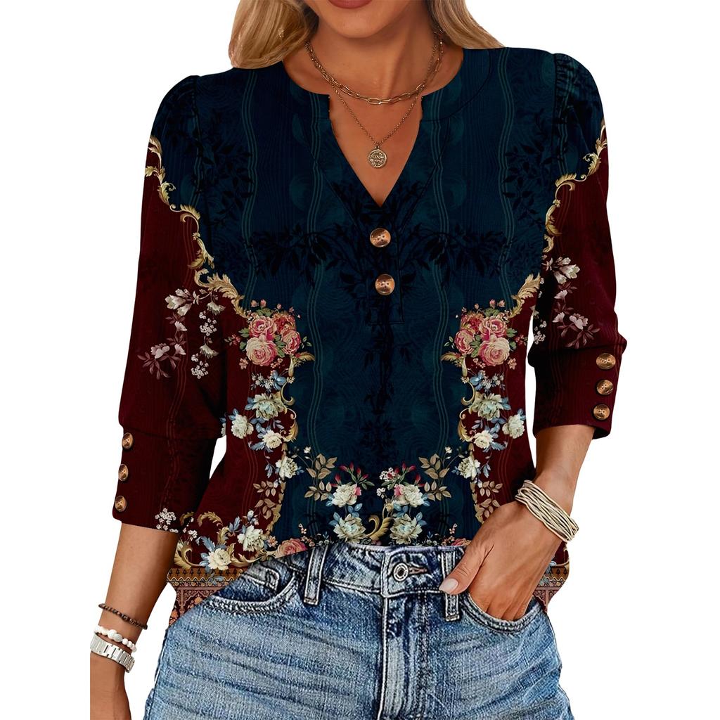 Women's Retro Printed Loose 7-inch Sleeve Top
