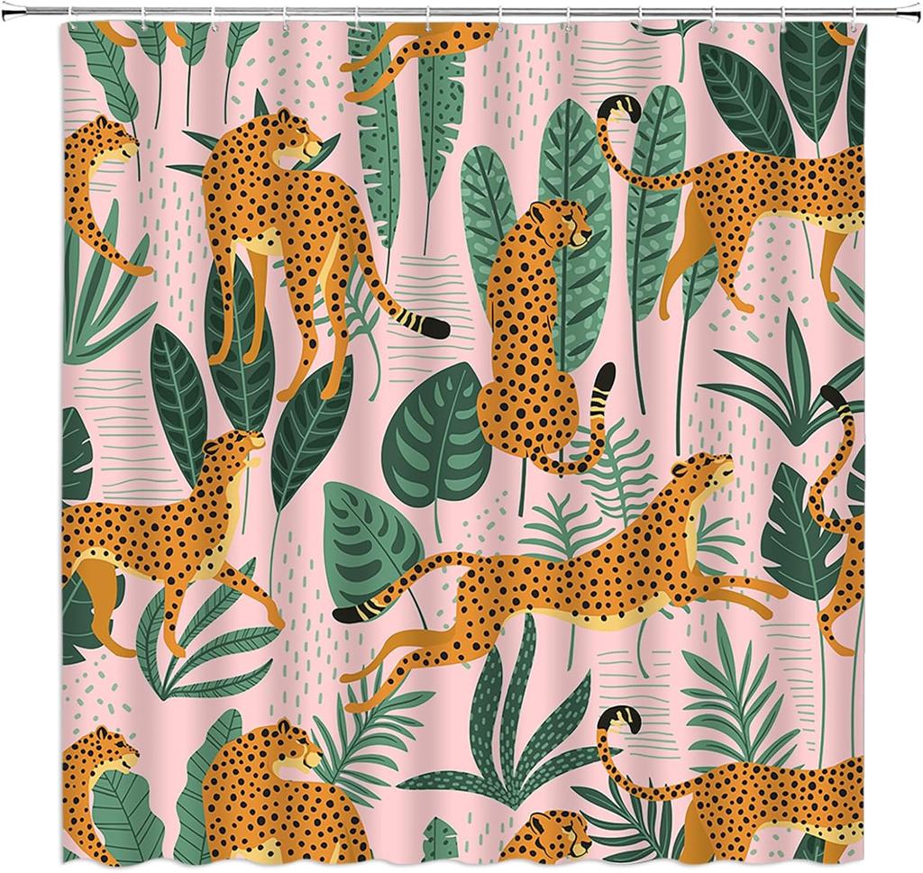 Leopard Palm Shower Curtain - Cheetah Tropical Jungle, Pink Yellow Green, Boho Modern Art, Polyester, Includes Hooks, Bath Decor